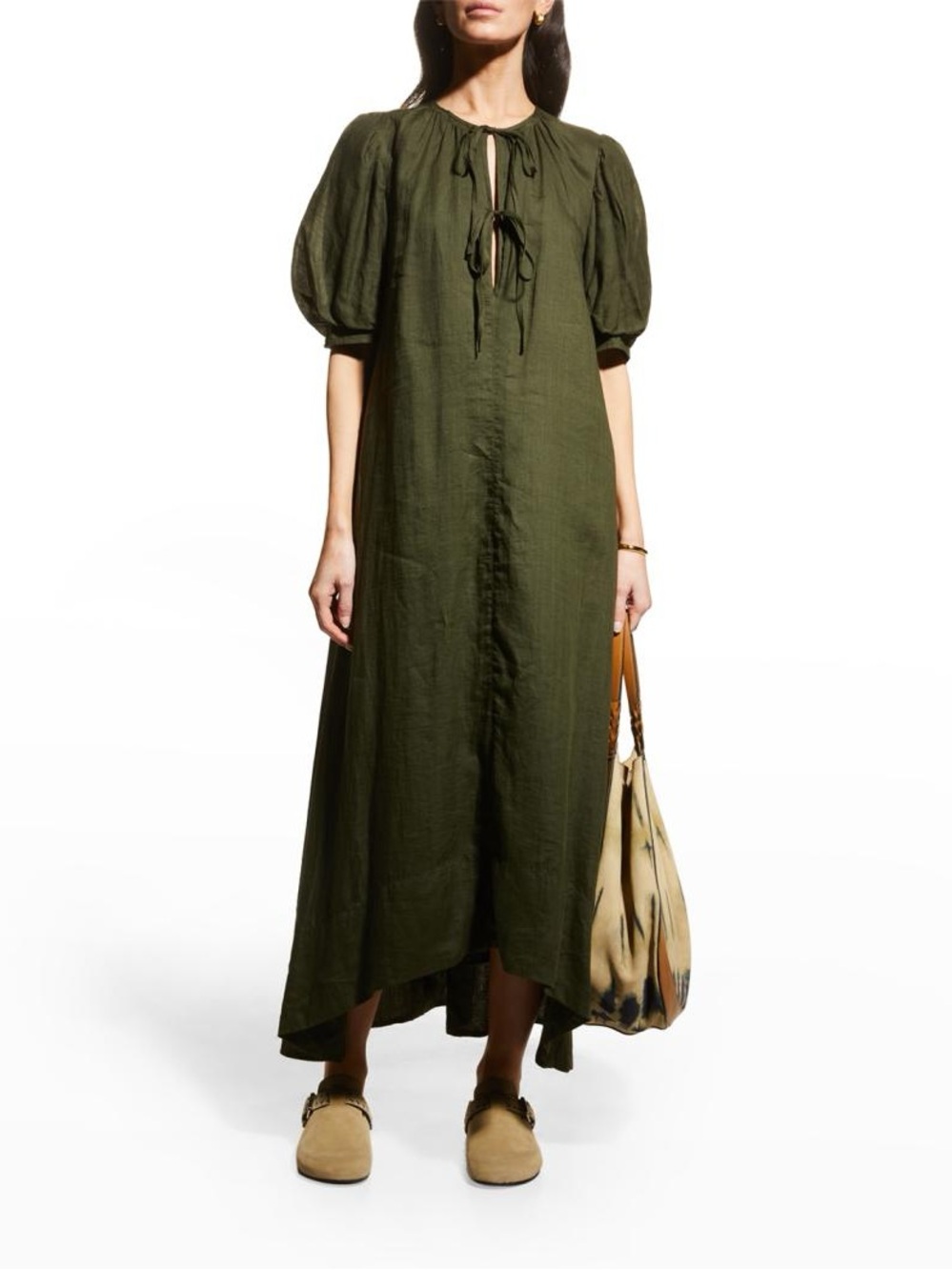 Frame Tie Neck Ramie Olive Green Maxi Dress